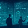 Futuristischer Kontrollraum mit holographischen Bildschirmen, die Social-Media-Daten und Algorithmen visualisieren, analysiert von Business-Experten in einem hochmodernen Umfeld.
