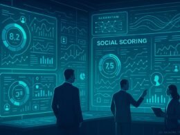 Futuristischer Kontrollraum mit holographischen Bildschirmen, die Social-Media-Daten und Algorithmen visualisieren, analysiert von Business-Experten in einem hochmodernen Umfeld.