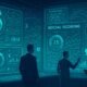 Futuristischer Kontrollraum mit holographischen Bildschirmen, die Social-Media-Daten und Algorithmen visualisieren, analysiert von Business-Experten in einem hochmodernen Umfeld.