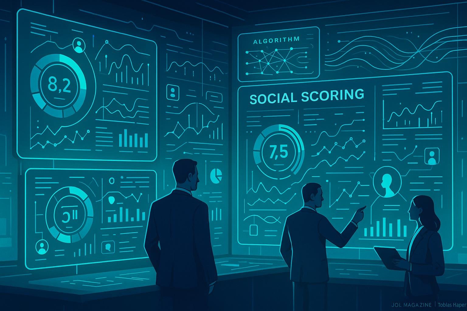 Futuristischer Kontrollraum mit holographischen Bildschirmen, die Social-Media-Daten und Algorithmen visualisieren, analysiert von Business-Experten in einem hochmodernen Umfeld.
