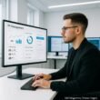 PR-Manager in hellem Büro vor Bildschirm mit Dashboard, Social-Media-Feeds und Analyse-Tools