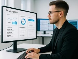 PR-Manager in hellem Büro vor Bildschirm mit Dashboard, Social-Media-Feeds und Analyse-Tools