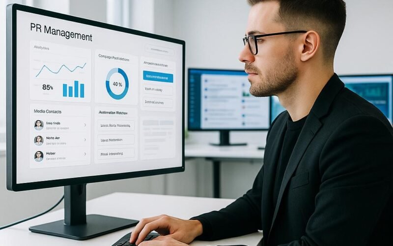 PR-Manager in hellem Büro vor Bildschirm mit Dashboard, Social-Media-Feeds und Analyse-Tools