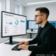 PR-Manager in hellem Büro vor Bildschirm mit Dashboard, Social-Media-Feeds und Analyse-Tools