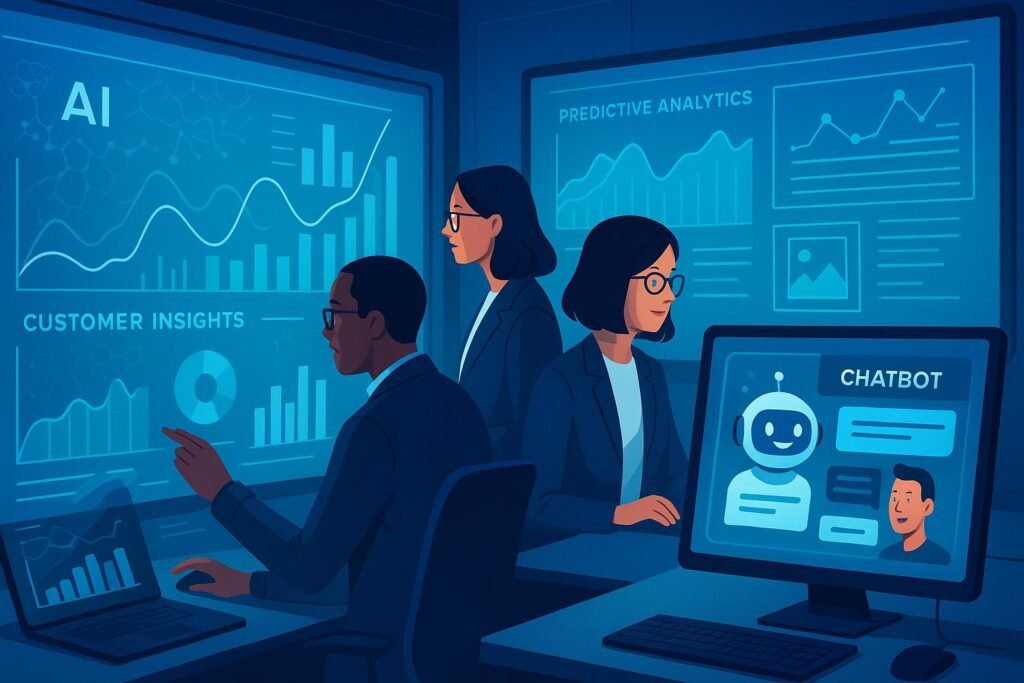 Modernes Marketing-Arbeitsplatz mit digitalen Bildschirmen, KI-Algorithmen, Visualisierungen, Chatbot-Interface und Smartboard, das prädiktive Analysen zeigt. Credit: 404 Magazine (Tobias Hager).