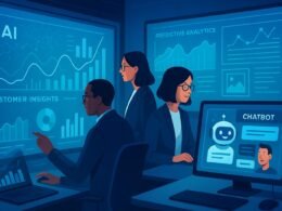 Modernes Marketing-Arbeitsplatz mit digitalen Bildschirmen, KI-Algorithmen, Visualisierungen, Chatbot-Interface und Smartboard, das prädiktive Analysen zeigt. Credit: 404 Magazine (Tobias Hager).