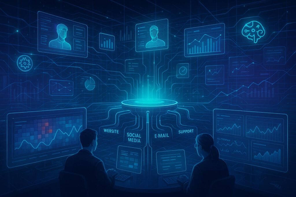 Futuristischer Digitalraum mit schwebenden Datenplattformen, holografischen Kundenprofilen, interaktiven Diagrammen und Analysten, die auf große Bildschirme schauen, im Hintergrund leuchtende Vernetzungslinien und KI-Symbole