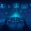 Futuristischer Digitalraum mit schwebenden Datenplattformen, holografischen Kundenprofilen, interaktiven Diagrammen und Analysten, die auf große Bildschirme schauen, im Hintergrund leuchtende Vernetzungslinien und KI-Symbole