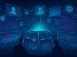 Futuristischer Digitalraum mit schwebenden Datenplattformen, holografischen Kundenprofilen, interaktiven Diagrammen und Analysten, die auf große Bildschirme schauen, im Hintergrund leuchtende Vernetzungslinien und KI-Symbole