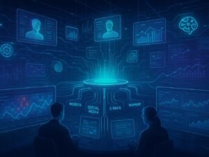 Futuristischer Digitalraum mit schwebenden Datenplattformen, holografischen Kundenprofilen, interaktiven Diagrammen und Analysten, die auf große Bildschirme schauen, im Hintergrund leuchtende Vernetzungslinien und KI-Symbole