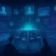 Futuristischer Digitalraum mit schwebenden Datenplattformen, holografischen Kundenprofilen, interaktiven Diagrammen und Analysten, die auf große Bildschirme schauen, im Hintergrund leuchtende Vernetzungslinien und KI-Symbole
