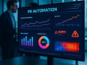 Hochauflösender Bildschirm im Büro mit PR Automation Dashboard, das Diagramme, Grafiken und Heatmaps in Echtzeit anzeigt, im Hintergrund Mitarbeitende im Gespräch.