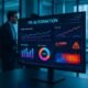 Hochauflösender Bildschirm im Büro mit PR Automation Dashboard, das Diagramme, Grafiken und Heatmaps in Echtzeit anzeigt, im Hintergrund Mitarbeitende im Gespräch.