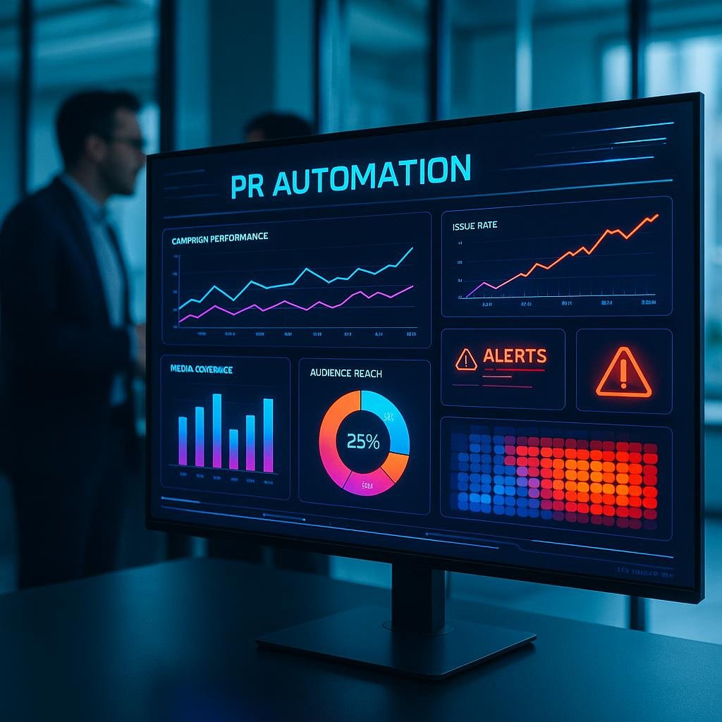Hochauflösender Bildschirm im Büro mit PR Automation Dashboard, das Diagramme, Grafiken und Heatmaps in Echtzeit anzeigt, im Hintergrund Mitarbeitende im Gespräch.