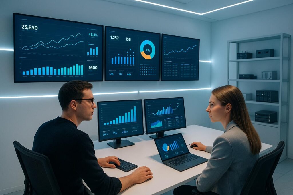 Zwei Fachleute im modernen Analyse-Control-Zentrum mit lebendigen Dashboards und technischen Gadgets im Hintergrund