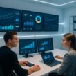 Zwei Fachleute im modernen Analyse-Control-Zentrum mit lebendigen Dashboards und technischen Gadgets im Hintergrund