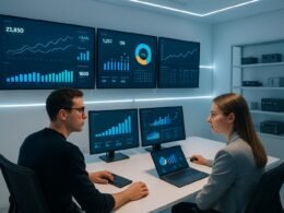 Zwei Fachleute im modernen Analyse-Control-Zentrum mit lebendigen Dashboards und technischen Gadgets im Hintergrund