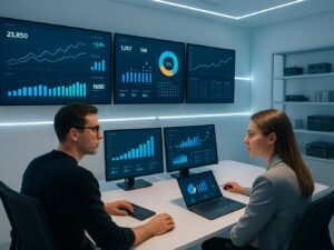 Zwei Fachleute im modernen Analyse-Control-Zentrum mit lebendigen Dashboards und technischen Gadgets im Hintergrund