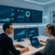Zwei Fachleute im modernen Analyse-Control-Zentrum mit lebendigen Dashboards und technischen Gadgets im Hintergrund