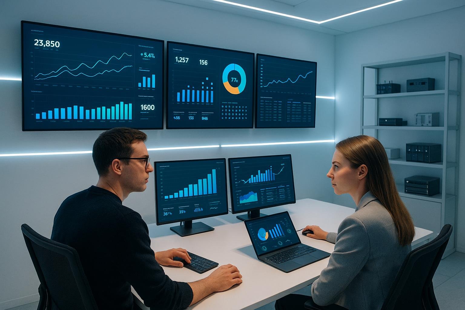 Zwei Fachleute im modernen Analyse-Control-Zentrum mit lebendigen Dashboards und technischen Gadgets im Hintergrund