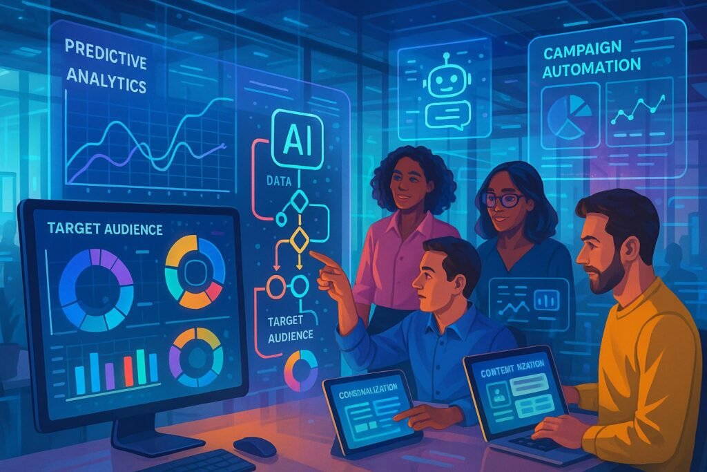 Ein modernes Büro mit einem Team von Marketingprofis, die an digitalen Bildschirmen und holographischen Datenüberlagerungen mit KI-Technologie arbeiten