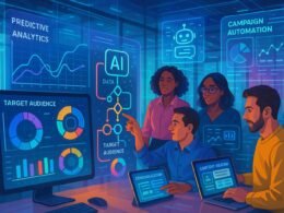 Ein modernes Büro mit einem Team von Marketingprofis, die an digitalen Bildschirmen und holographischen Datenüberlagerungen mit KI-Technologie arbeiten