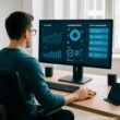 Person arbeitet in einem hellen, modernen Büro an einem großen Bildschirm mit Dashboards, während im Hintergrund Laptops, Tablets und smarte Lautsprecher stehen, die digitale Vernetzung symbolisieren.