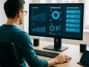 Person arbeitet in einem hellen, modernen Büro an einem großen Bildschirm mit Dashboards, während im Hintergrund Laptops, Tablets und smarte Lautsprecher stehen, die digitale Vernetzung symbolisieren.
