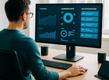 Person arbeitet in einem hellen, modernen Büro an einem großen Bildschirm mit Dashboards, während im Hintergrund Laptops, Tablets und smarte Lautsprecher stehen, die digitale Vernetzung symbolisieren.