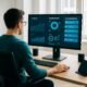 Person arbeitet in einem hellen, modernen Büro an einem großen Bildschirm mit Dashboards, während im Hintergrund Laptops, Tablets und smarte Lautsprecher stehen, die digitale Vernetzung symbolisieren.
