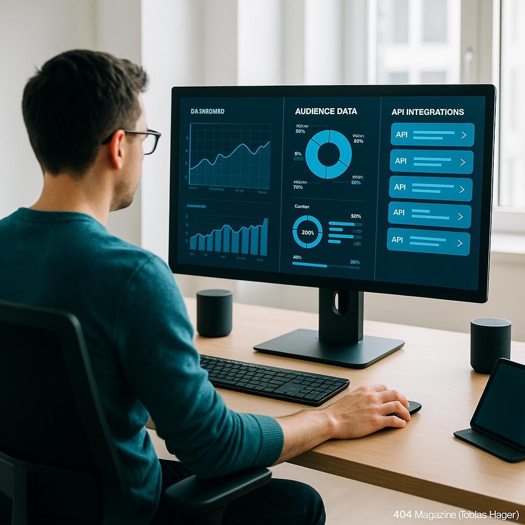Person arbeitet in einem hellen, modernen Büro an einem großen Bildschirm mit Dashboards, während im Hintergrund Laptops, Tablets und smarte Lautsprecher stehen, die digitale Vernetzung symbolisieren.