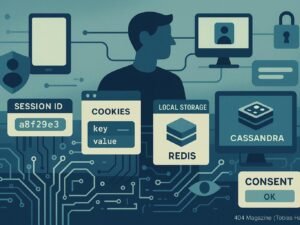 Illustration eines digitalen Arbeitsraums mit Diagrammen, Code-Elementen, Nutzer zwischen Geräten und Sicherheits-Icons, visualisiert das Session Tracking Framework.