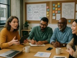 Vielfaltige Gruppe in einer modernen, kreativen Arbeitsumgebung bei einer Diskussion, mit Whiteboards und Pinnwänden im Hintergrund, die Skizzen und Brainstorming-Ideen zeigen.