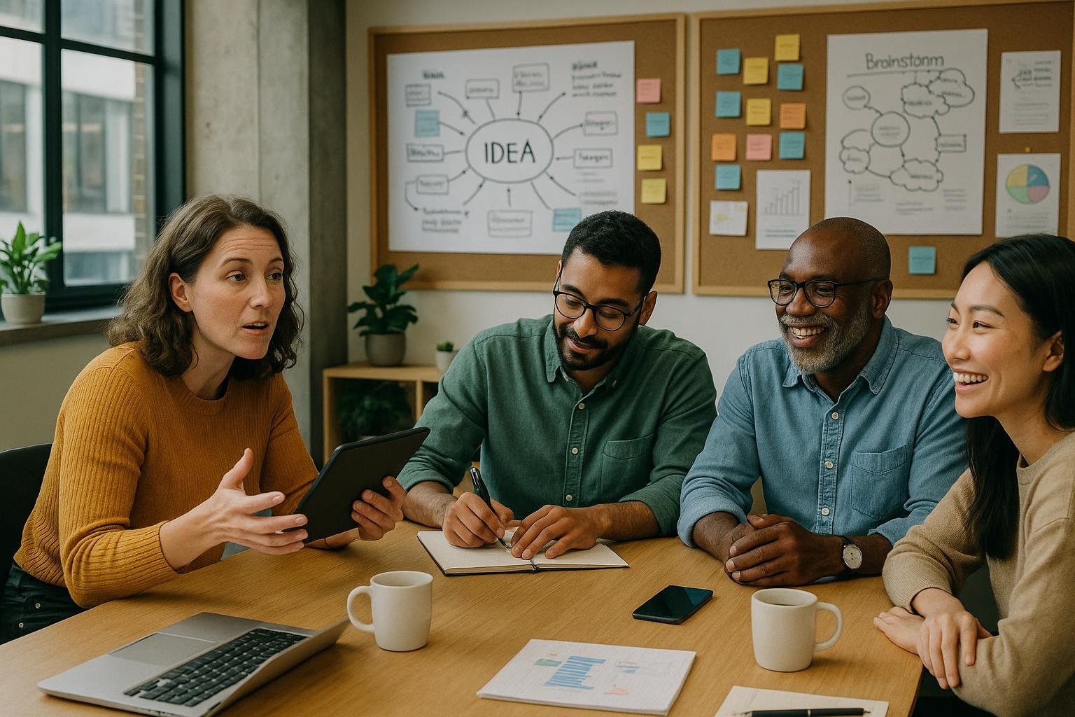 Vielfaltige Gruppe in einer modernen, kreativen Arbeitsumgebung bei einer Diskussion, mit Whiteboards und Pinnwänden im Hintergrund, die Skizzen und Brainstorming-Ideen zeigen.