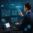 Moderner High-Tech-Arbeitsplatz mit mehreren Bildschirmen, digitalen Interfaces, CRM auf Tablet und Smartphone, umgeben von holographischen Überlagerungen und Netzwerken, die die Automatisierung und Analyse im PR-Bereich darstellen.