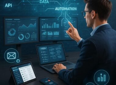 Moderner High-Tech-Arbeitsplatz mit mehreren Bildschirmen, digitalen Interfaces, CRM auf Tablet und Smartphone, umgeben von holographischen Überlagerungen und Netzwerken, die die Automatisierung und Analyse im PR-Bereich darstellen.
