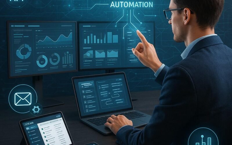 Moderner High-Tech-Arbeitsplatz mit mehreren Bildschirmen, digitalen Interfaces, CRM auf Tablet und Smartphone, umgeben von holographischen Überlagerungen und Netzwerken, die die Automatisierung und Analyse im PR-Bereich darstellen.