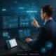 Moderner High-Tech-Arbeitsplatz mit mehreren Bildschirmen, digitalen Interfaces, CRM auf Tablet und Smartphone, umgeben von holographischen Überlagerungen und Netzwerken, die die Automatisierung und Analyse im PR-Bereich darstellen.