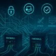 Modernes Rechenzentrum mit blau und grünen leuchtenden Datenleitungen, Firewalls und Sicherheitsvisualisierungen, die innovative digitale Sicherheitsmaßnahmen darstellen.