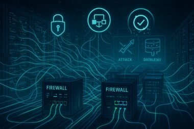 Modernes Rechenzentrum mit blau und grünen leuchtenden Datenleitungen, Firewalls und Sicherheitsvisualisierungen, die innovative digitale Sicherheitsmaßnahmen darstellen.