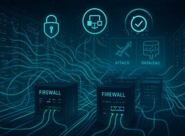 Modernes Rechenzentrum mit blau und grünen leuchtenden Datenleitungen, Firewalls und Sicherheitsvisualisierungen, die innovative digitale Sicherheitsmaßnahmen darstellen.