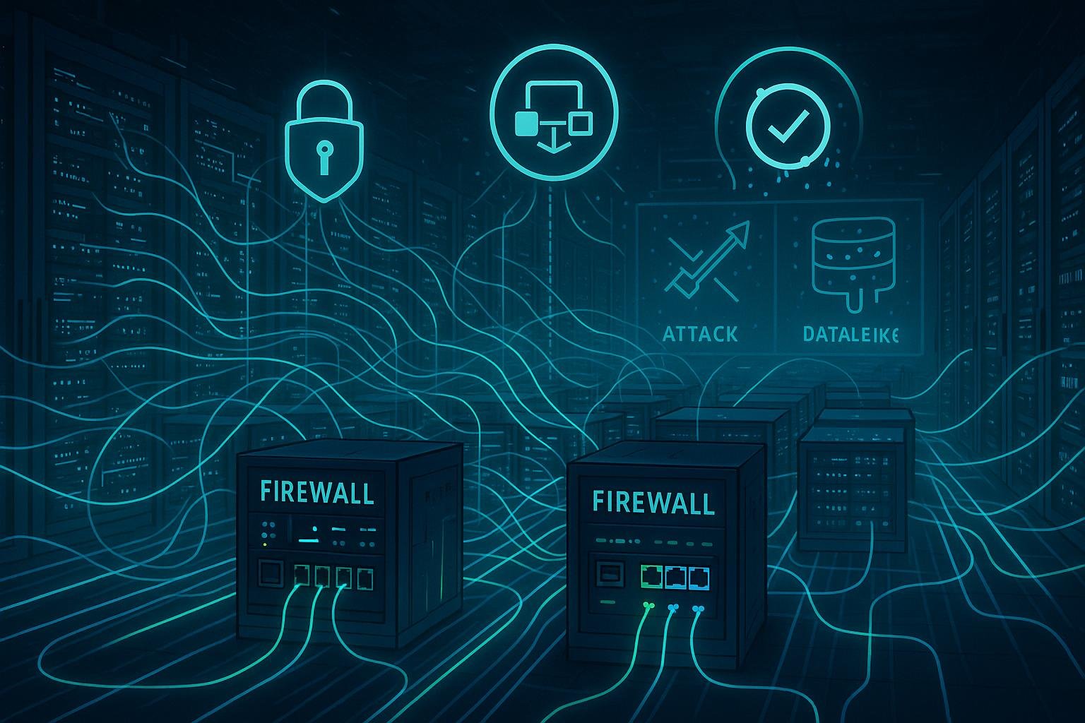 Modernes Rechenzentrum mit blau und grünen leuchtenden Datenleitungen, Firewalls und Sicherheitsvisualisierungen, die innovative digitale Sicherheitsmaßnahmen darstellen.