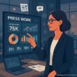 Moderner Arbeitsplatz mit einer Person, die Medienmetriken, Diagramme und KPIs auf einem digitalen Bildschirm analysiert, umgeben von Laptops, Berichten und Social-Media-Symbolen.