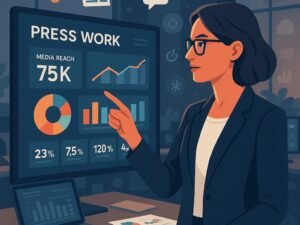 Moderner Arbeitsplatz mit einer Person, die Medienmetriken, Diagramme und KPIs auf einem digitalen Bildschirm analysiert, umgeben von Laptops, Berichten und Social-Media-Symbolen.