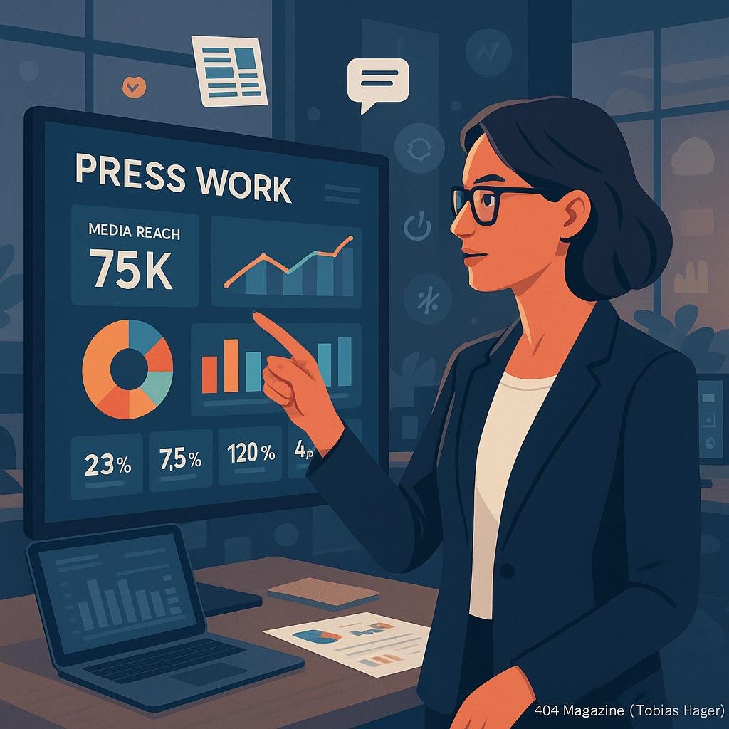 Moderner Arbeitsplatz mit einer Person, die Medienmetriken, Diagramme und KPIs auf einem digitalen Bildschirm analysiert, umgeben von Laptops, Berichten und Social-Media-Symbolen.