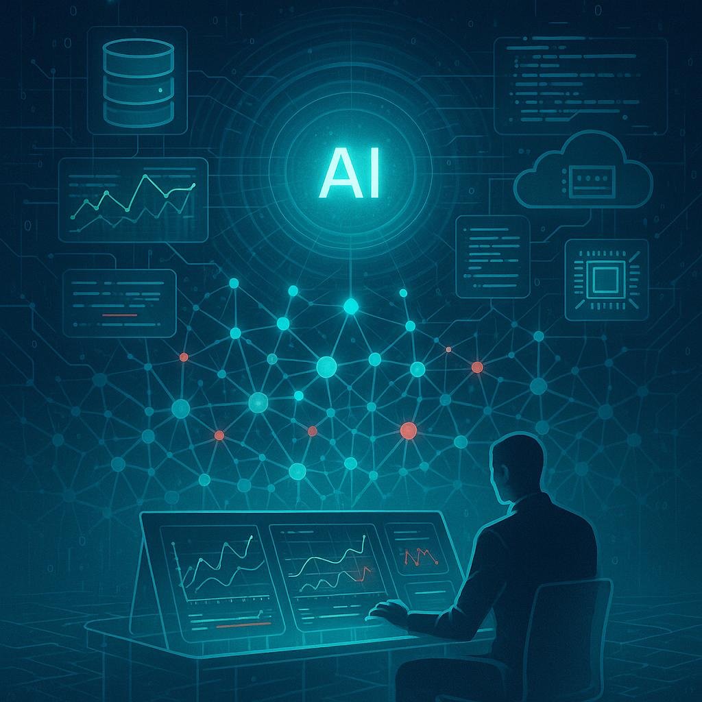 Digital inspiriertes Szenario einer futuristischen KI mit leuchtenden verbundenen Neuronen, holographischen Daten, Diagrammen und einer transparenten Arbeitsstation, präsentiert in Blau-, Grau- und Türkistönen mit Neonakzenten.