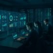 Hochmodernes Kontrollzentrum mit transparenten Monitoren, Server-Racks und Mitarbeitern, die Daten visualisieren und kontrollieren, mit futuristischem Ambiente in Blau- und Grüntönen.