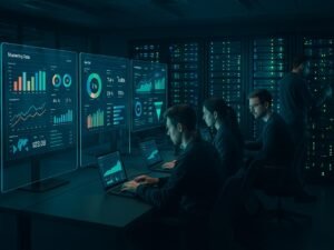 Hochmodernes Kontrollzentrum mit transparenten Monitoren, Server-Racks und Mitarbeitern, die Daten visualisieren und kontrollieren, mit futuristischem Ambiente in Blau- und Grüntönen.
