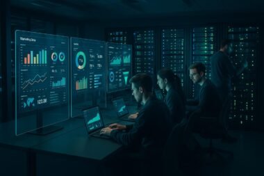Hochmodernes Kontrollzentrum mit transparenten Monitoren, Server-Racks und Mitarbeitern, die Daten visualisieren und kontrollieren, mit futuristischem Ambiente in Blau- und Grüntönen.