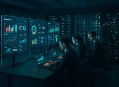 Hochmodernes Kontrollzentrum mit transparenten Monitoren, Server-Racks und Mitarbeitern, die Daten visualisieren und kontrollieren, mit futuristischem Ambiente in Blau- und Grüntönen.
